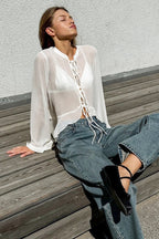 Drawstring Mock Neck Chiffon Blouse