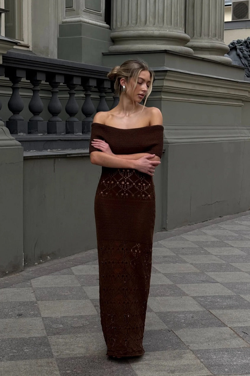 Waisted Knit Off Shoulder Bodycon Boho Dress