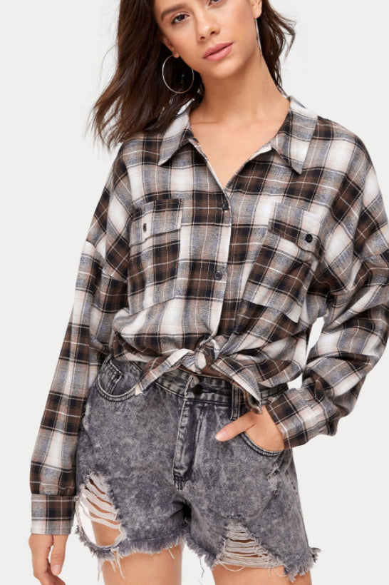 Plaid Stand Collar Button Shirt  Blouse