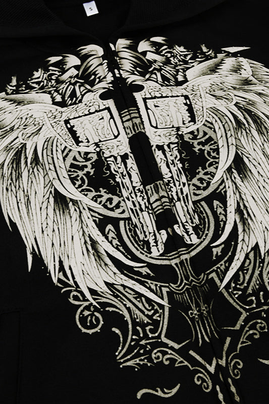 Wings Print Zip Up Y2K Hoodie