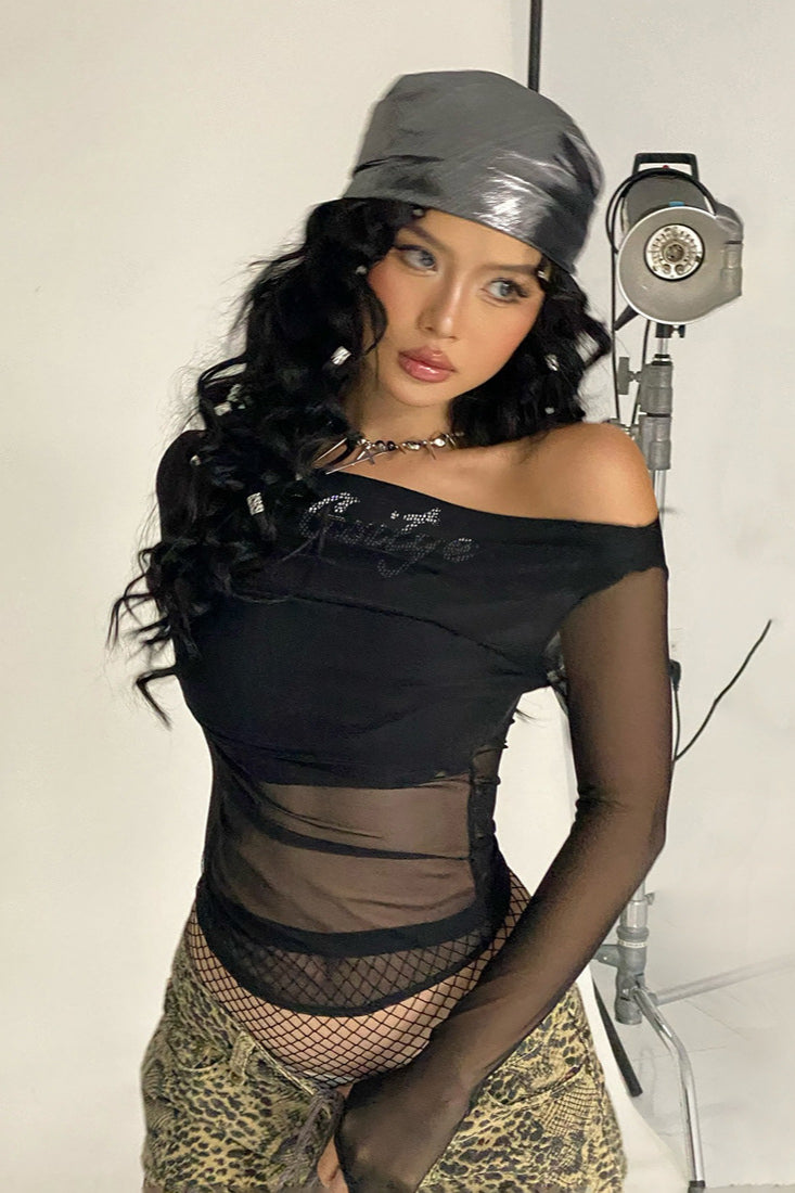 Fashion Mesh Panel Off-Shoulder Knit Top