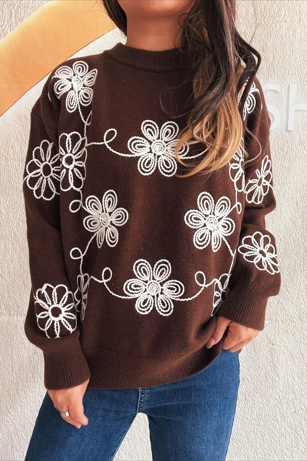Colorblock Floral Knit Pullover Sweater