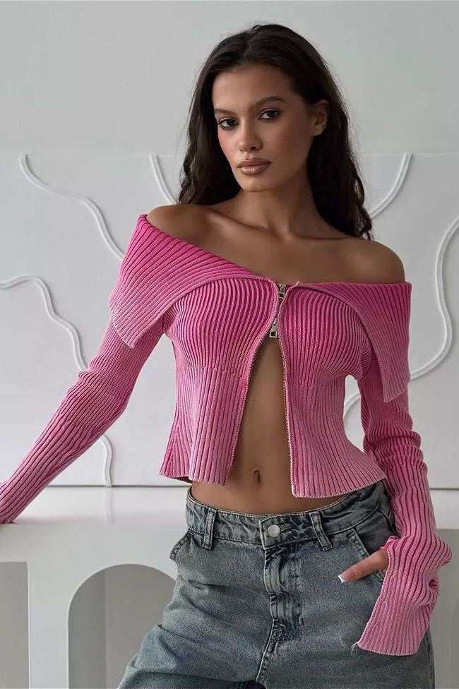 Off Shoulder Zipper Fitted Knit  Blouse