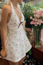 Cherry Print Halter Backless Mini Dress
