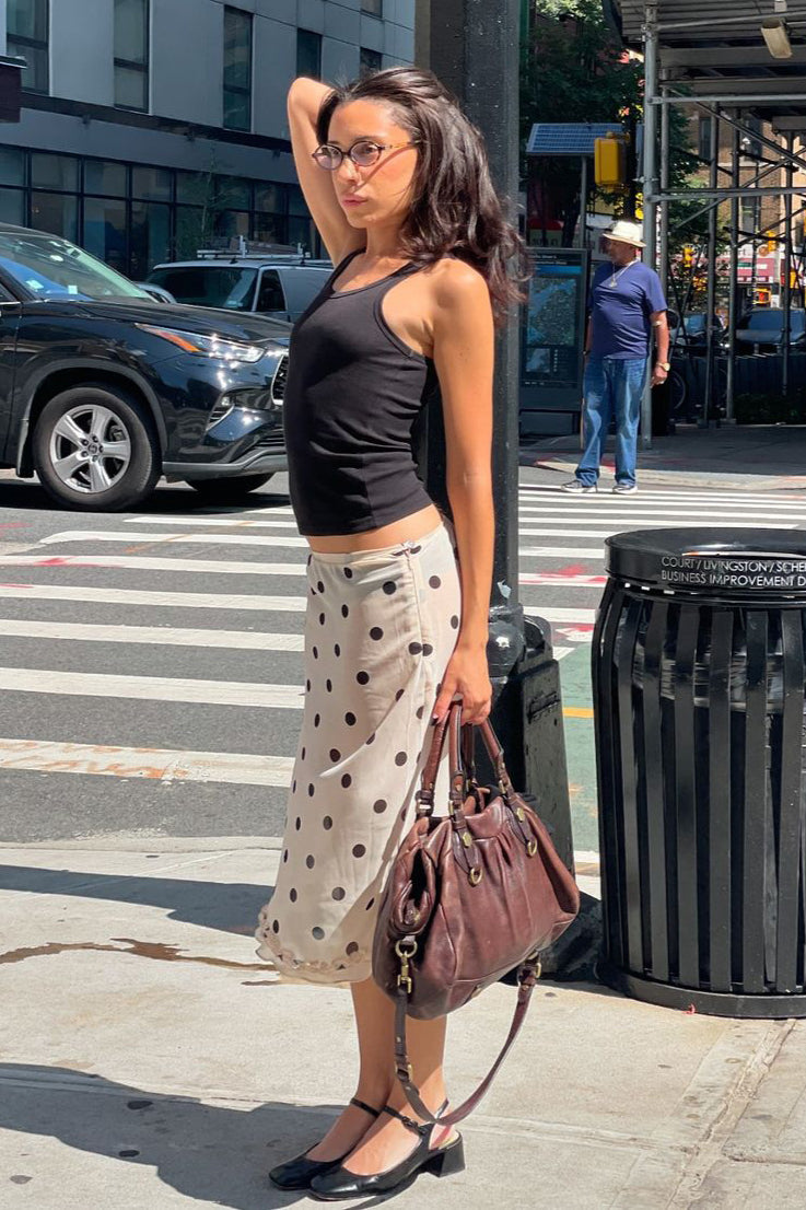 Polka Dot Satin High-Waisted A-Line Skirt