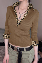 Leopard V Neck Knit Blouse