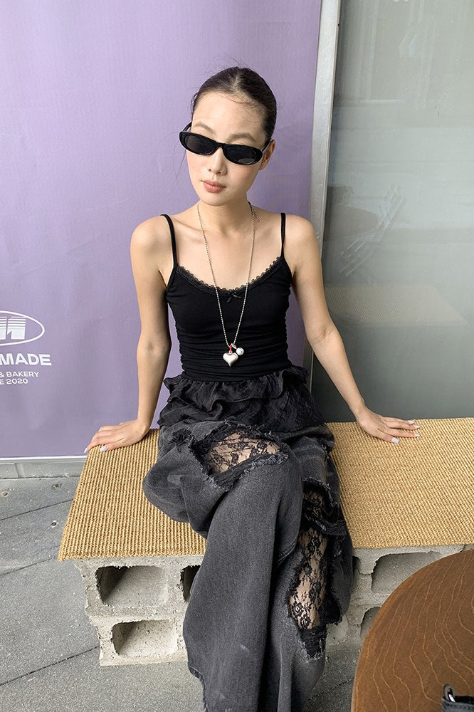 Lace Panel Ripped Wide Leg Jeans