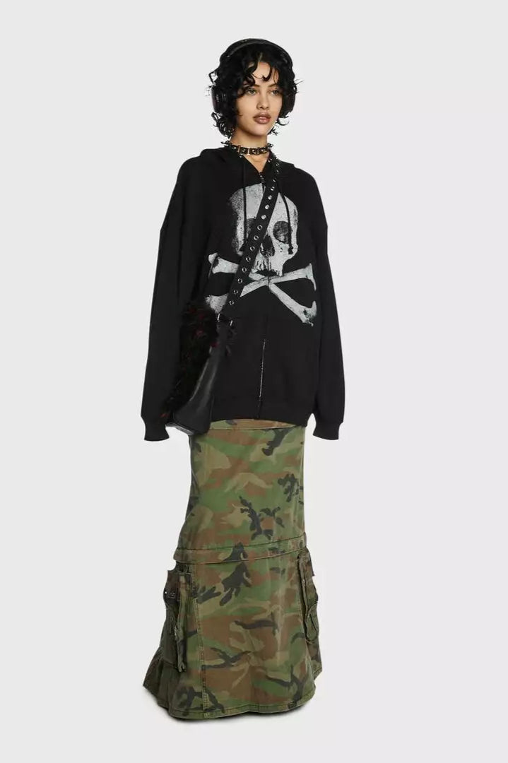Skull Print Zip Up Hoodie