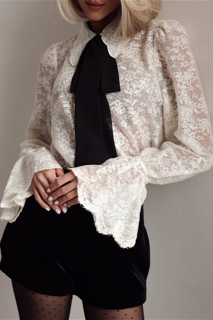 Vintage Lace Bow Tie Bell Sleeve Blouse