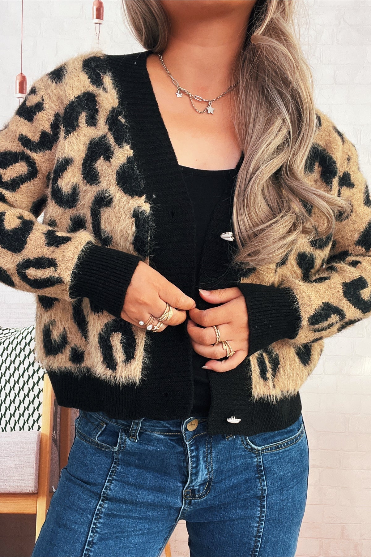 Cropped Animal Print Knit Cardigan