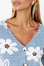 Floral V-Neck Knit Long Sleeves Cardigan