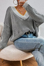 Striped Colorblock V-Neck Batwing Sweater