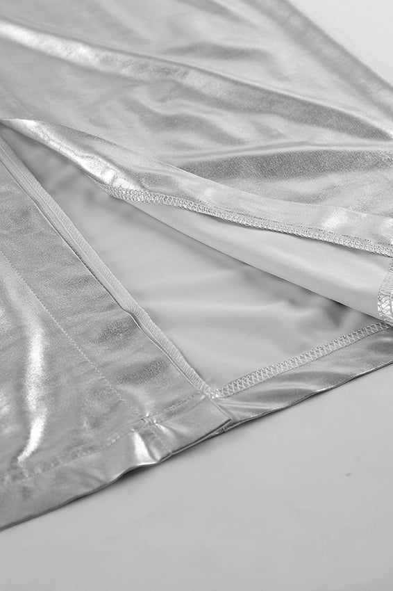 Silver High-Waisted Slit Bodycon Skirt