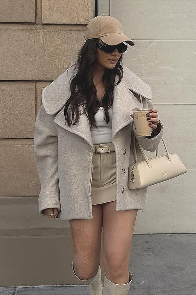 Vintage Solid Collared Long Sleeve Wool Coat