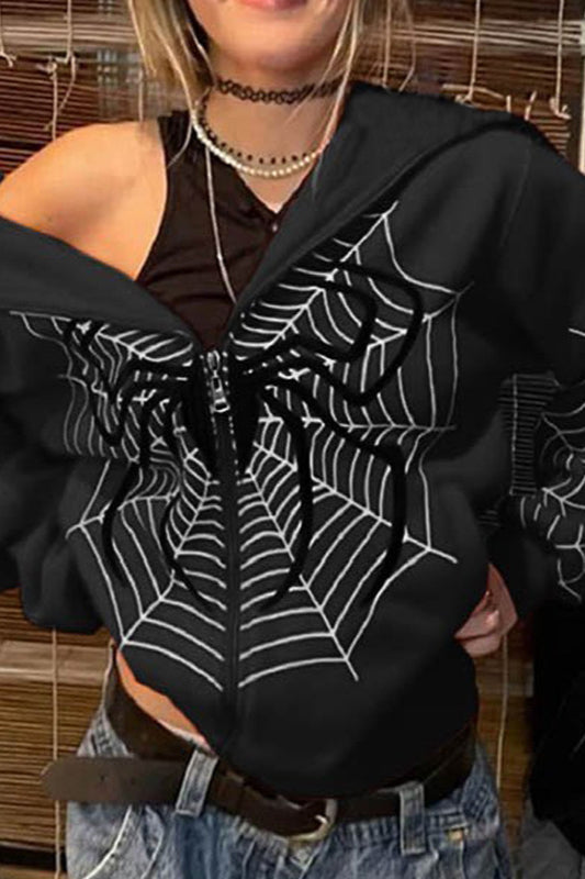 Spider Web Print Zip Up Hoodie