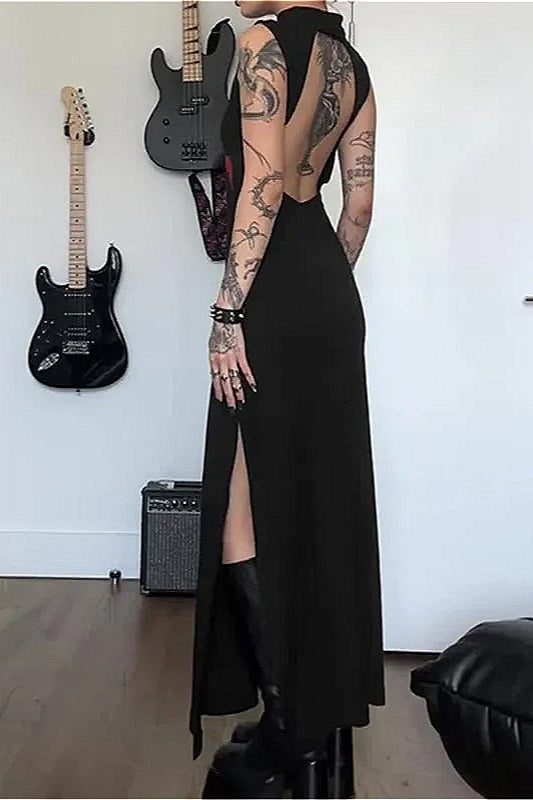 Halloween Gothic Rose Print Backless Long Dress