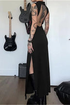 Halloween Gothic Rose Print Backless Long Dress