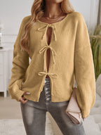 Loose Fit Button-Down Tie-Front Solid Color Sweater