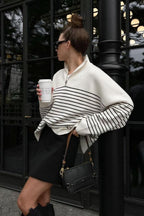 Striped Zip-Front Polo Knit Sweater