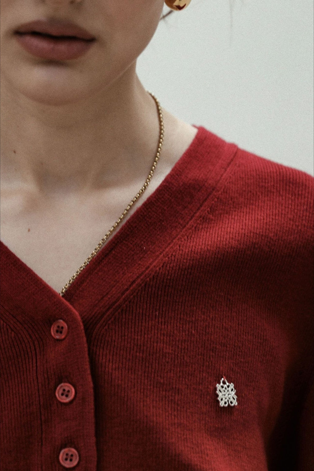 Red V Neck Knit Cardigan Blouse