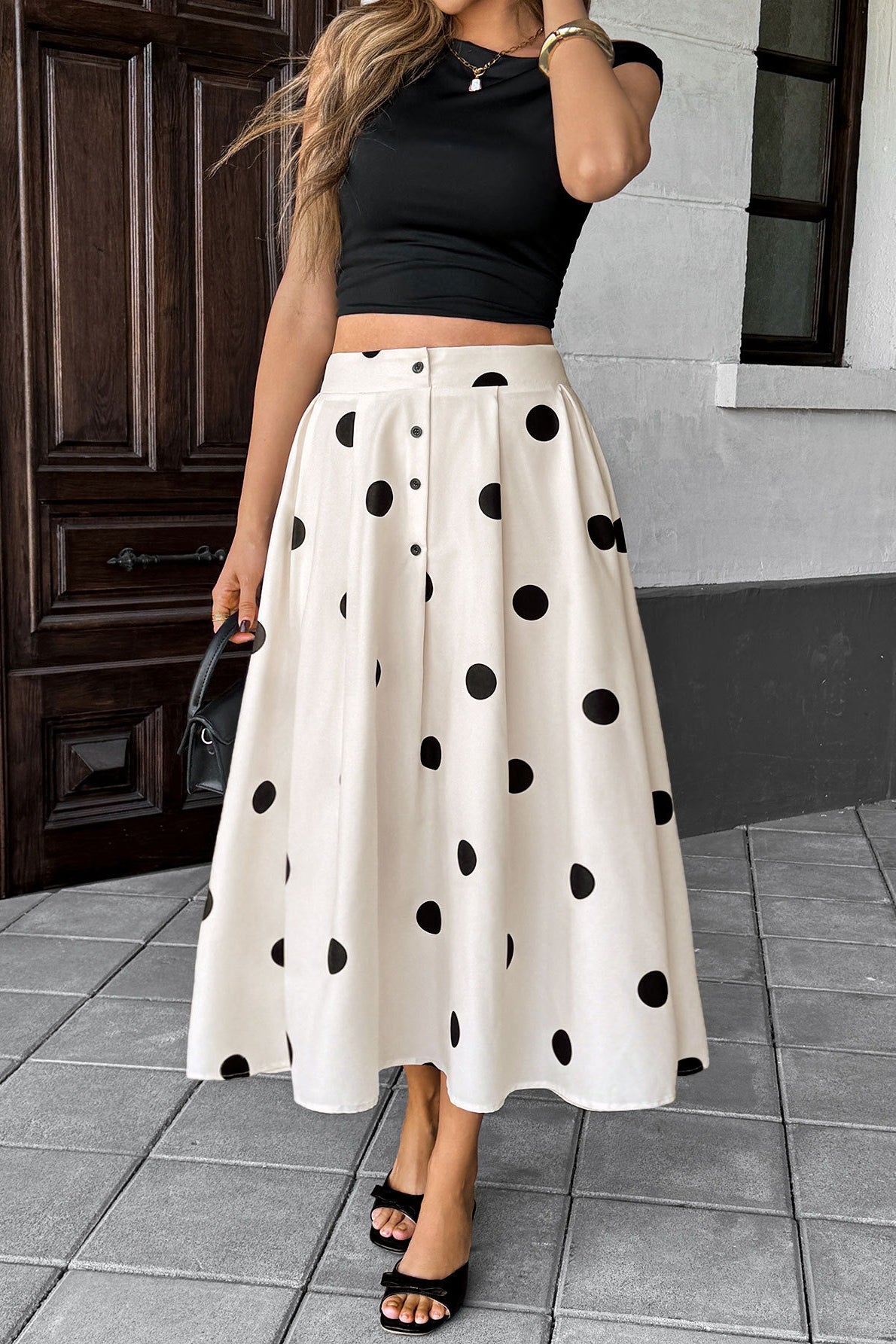 Polka Dot Elastic Waist Skirt