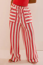 Beach Style Striped Drawstring Wide Leg Pants