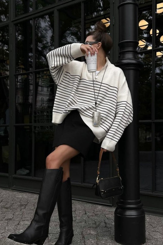 Striped Zip-Front Polo Knit Sweater