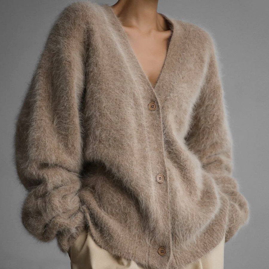 V-Neck Mink Wool Knit Cardigan