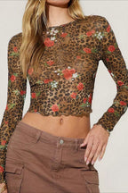 Leopard Floral Mesh Long Sleeve Crop Top