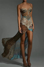 Leopard Printed Patchwork Lace Floral Dress