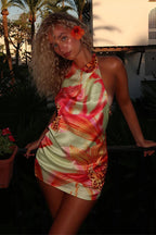 Backless Satin Halter Floral Dress