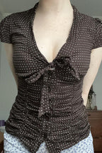 Button Tie Waist Dot Print Blouse