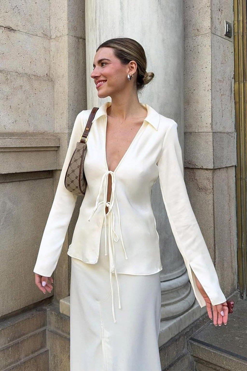 Satin Tie Front Fitted Blouse