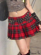 90s Grunge Streetwear Plaid Mini Gothic Eyelet Strap Pleated Y2k Techwear A-line Skirt