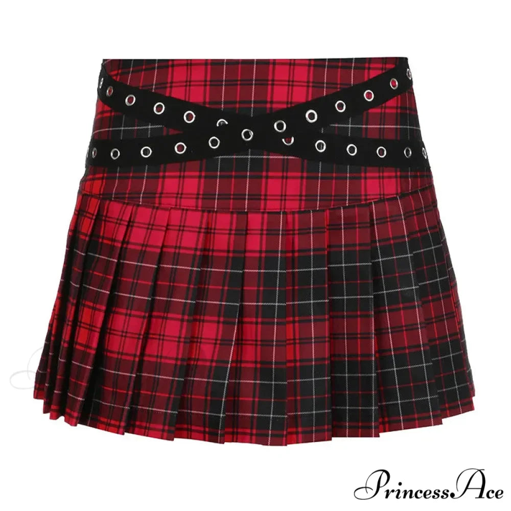90s Grunge Streetwear Plaid Mini Gothic Eyelet Strap Pleated Y2k Techwear A-line Skirt
