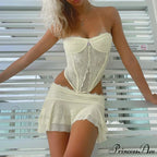 90s Lace Mesh Bandeau Corset Ruffled Mini Skirt Two Pieces Set