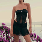 90s Lace Mesh Bandeau Corset Ruffled Mini Skirt Two Pieces Set