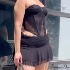 90s Lace Mesh Bandeau Corset Ruffled Mini Skirt Two Pieces Set