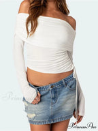 90s Off Shoulder Long Sleeve Slim FitRetro Ruched Tie Up T-Shirts