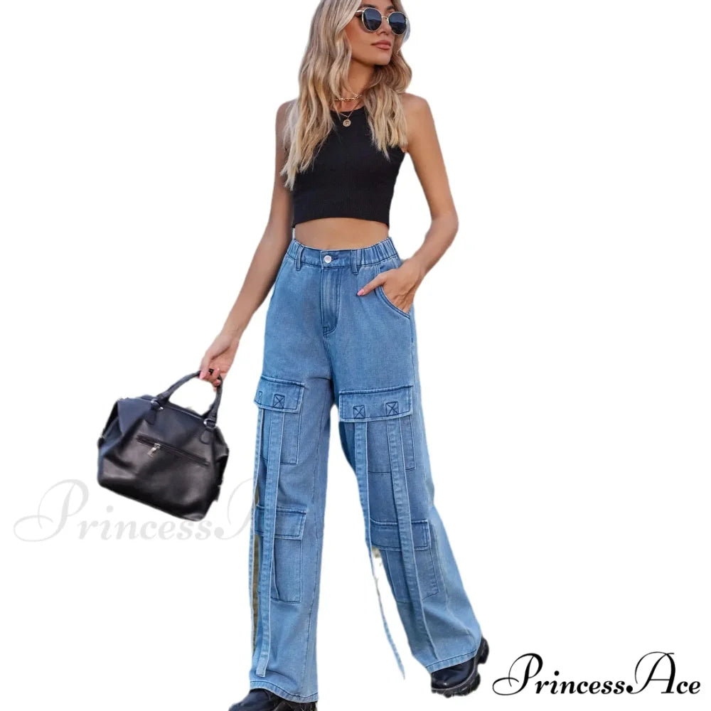 90s Streetwear Blue Cargo Casual Big Pockets Overalls High Waist Straight Denim Jean