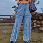 90s Streetwear Blue Cargo Casual Big Pockets Overalls High Waist Straight Denim Jean
