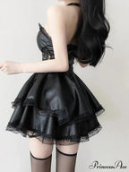 90s Vintage Gothic Black Party Hollow Out High Waist Lace-up Corset Mini Dress