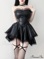 90s Vintage Gothic Black Party Hollow Out High Waist Lace-up Corset Mini Dress