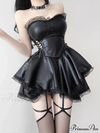 90s Vintage Gothic Black Party Hollow Out High Waist Lace-up Corset Mini Dress