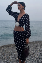 Polka Dot V-Neck Crop Skirt Two Pieces Set
