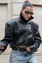 High Neck Leather Moto Jacket