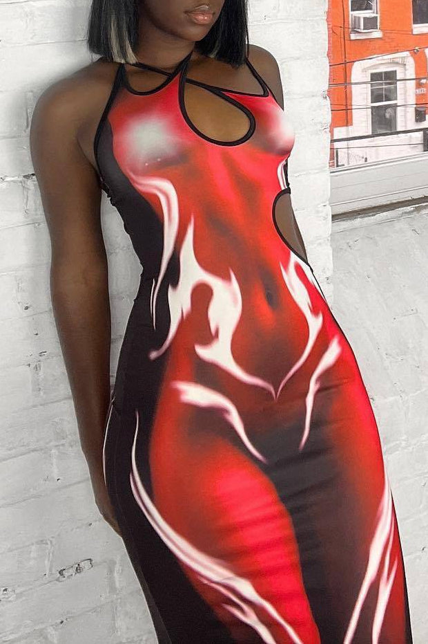 Cross Strap Hollow Print Bodycon Maxi Dress