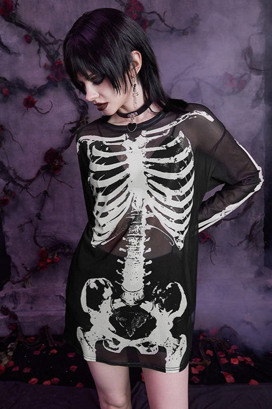 Mesh Skeleton Print Gothic T-Shirt