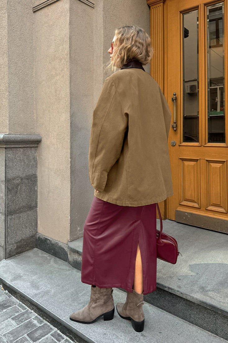 Brown PU Spliced Coat