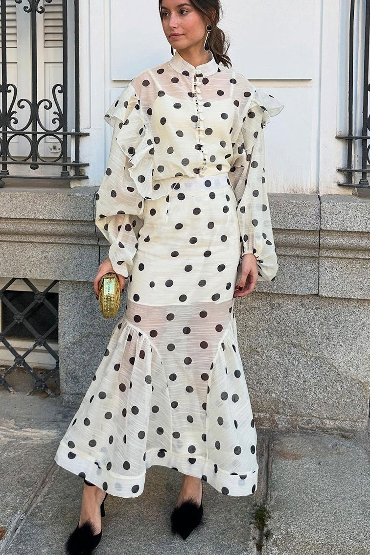 Polka Dot Lantern Sleeve Two Pieces Set